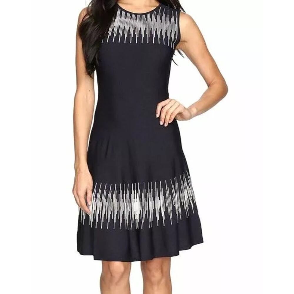 Nic + Zoe Blue White Office Business Stretch Sleeveless Shift Dress Size Medium